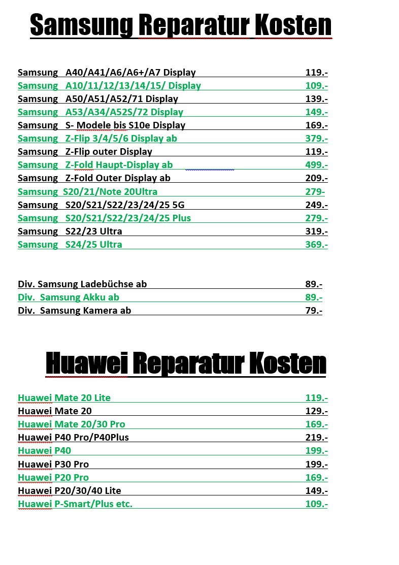 Samsung & Huawei Reparatur Preisliste